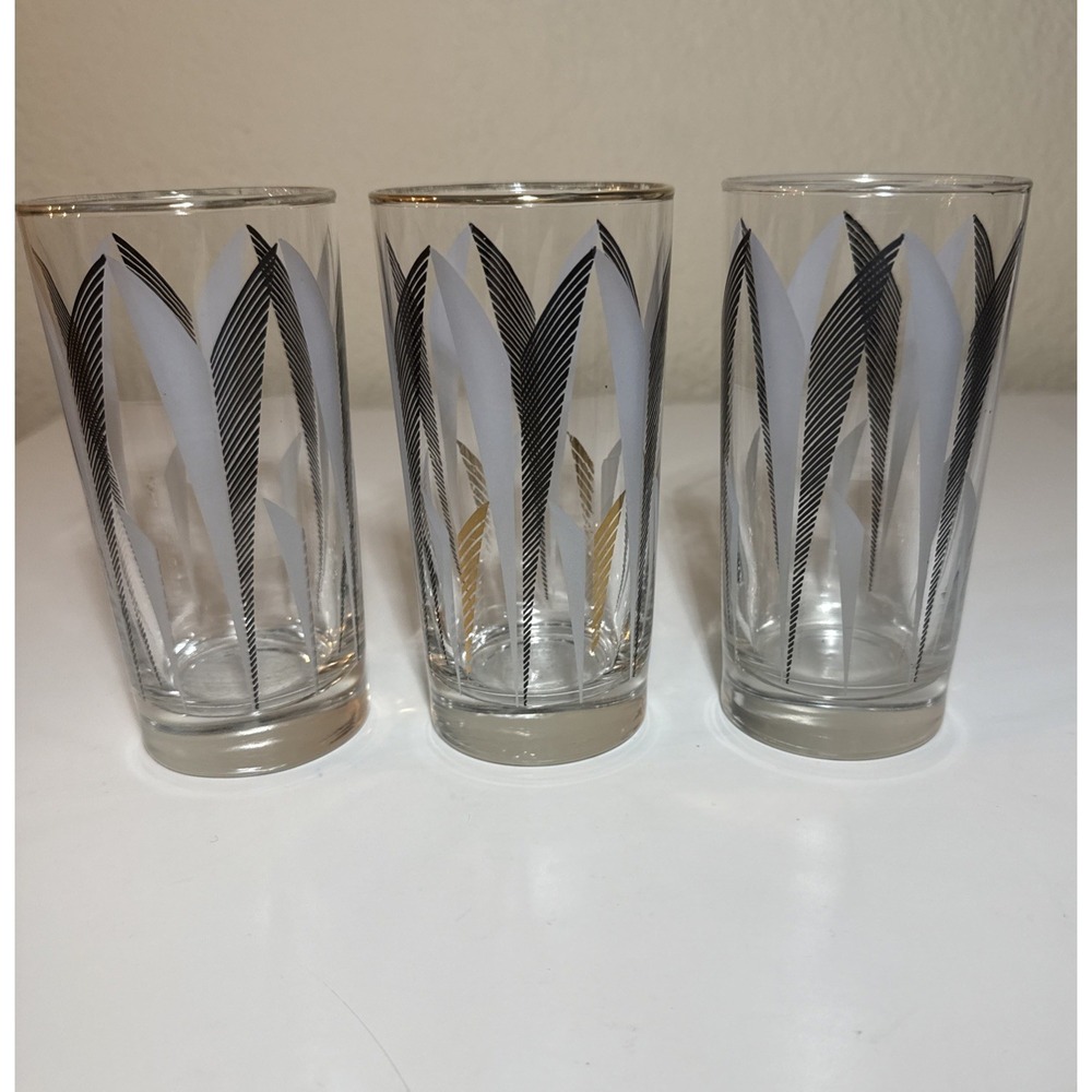 Vintage Gold & Black Leaf Design Glasses – MCM Barware Set of‎ Three